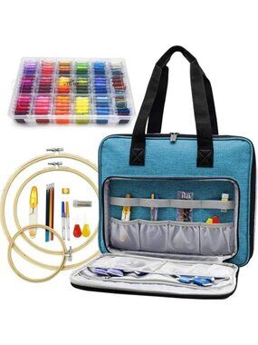 Embroidery Cross Stitch Starter Kit - 108 Threads, Hoops, Turquoise Craft Set
